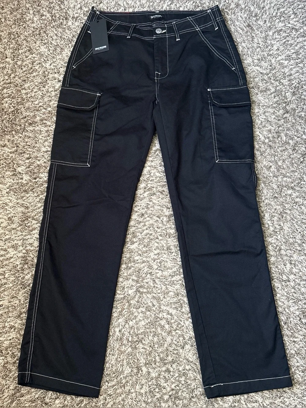 True Religion Black Cargo Pants with White Contrast Stitching